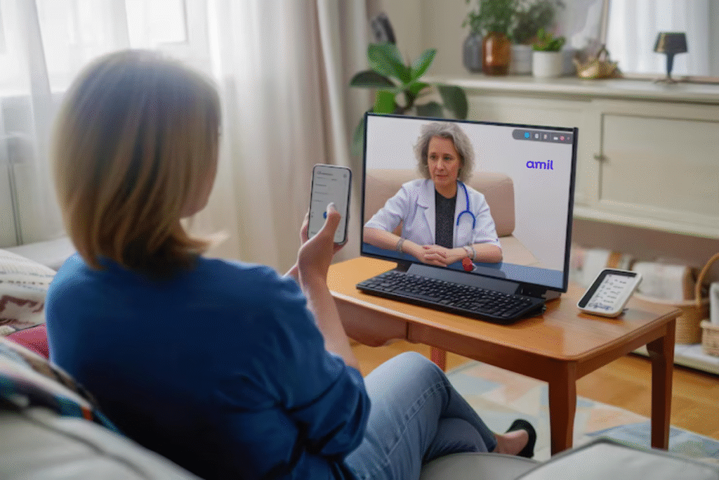 Profissional de saúde atendendo via telemedicina em plano de saúde Amil empresarial para 10 funcionários em São Paulo.