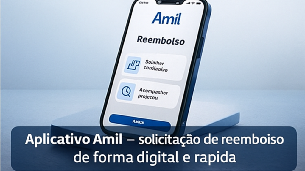 Aplicativo Amil Clientes utilizado por beneficiários empresariais para solicitar reembolso.