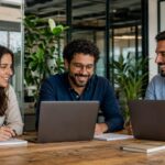 Colaboradores de tecnologia trabalhando em escritório moderno que utiliza o plano Amil Empresarial para startups em São Paulo.