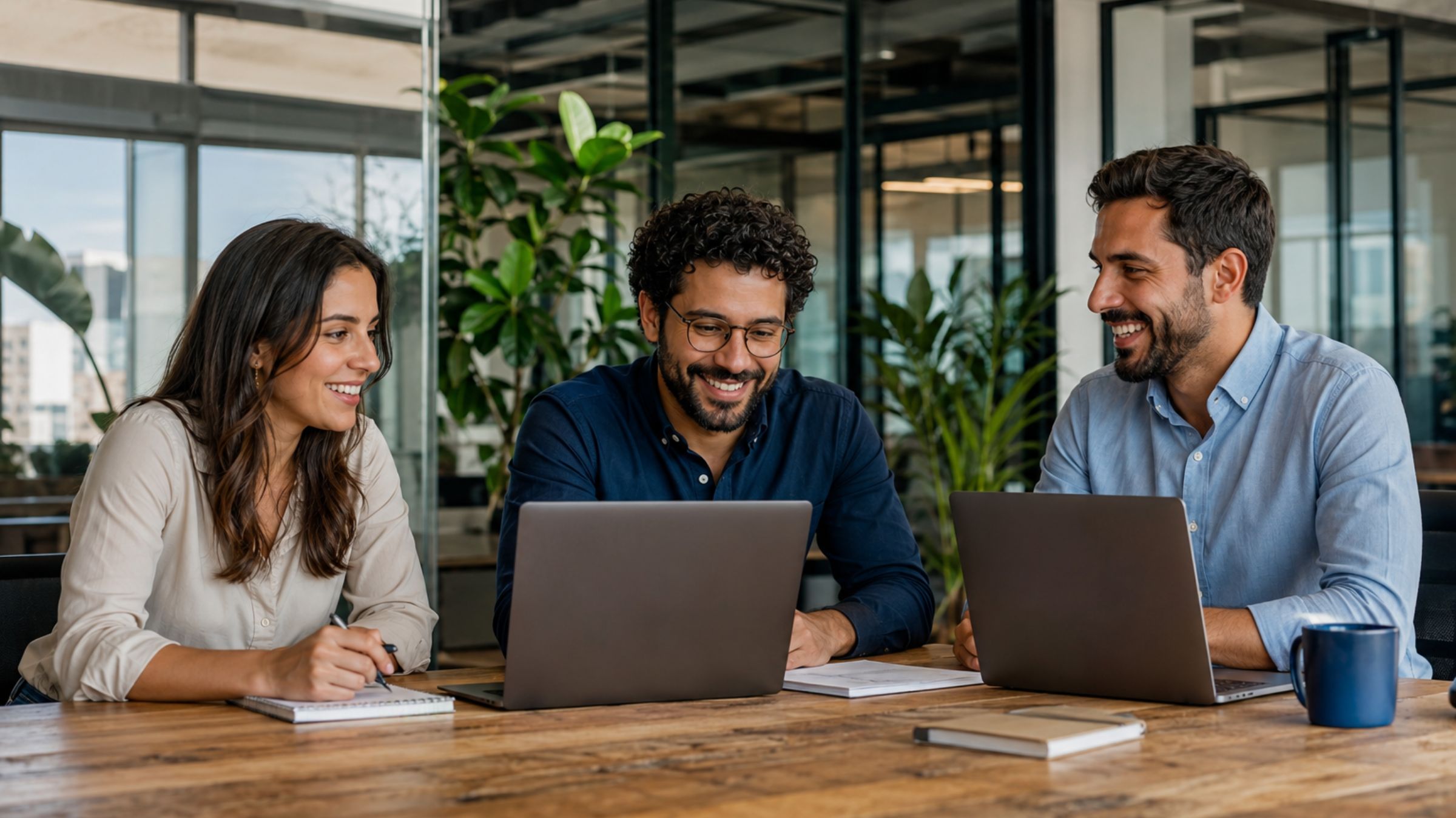 Colaboradores de tecnologia trabalhando em escritório moderno que utiliza o plano Amil Empresarial para startups em São Paulo.
