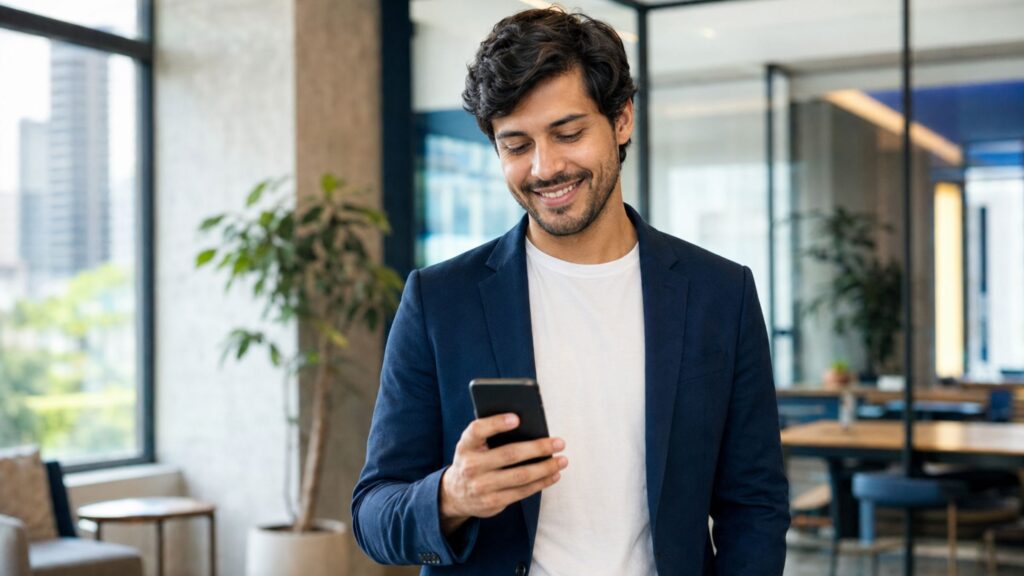 Jovem empreendedor utilizando smartphone para acessar os benefícios e categorias do plano Amil Empresarial para startups.