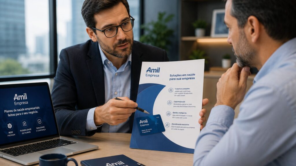Consultor apresentando opções de planos Amil Empresa a um empresário.