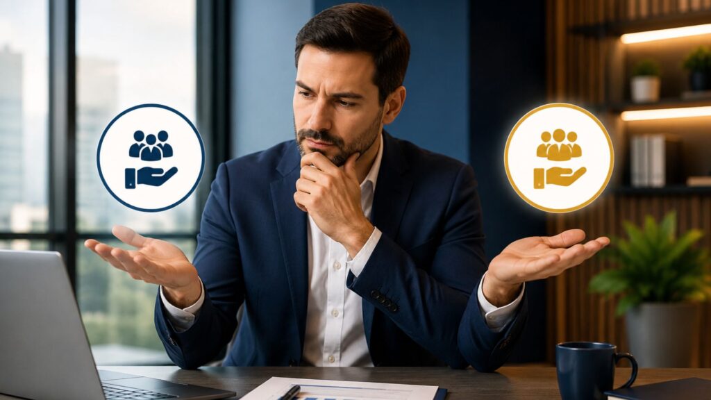 Empresário analisando as modalidades de coparticipação parcial ou total nos planos Amil Empresa.