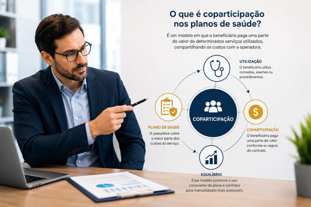 Infográfico explicando o que é coparticipação nos planos de saúde empresariais.
