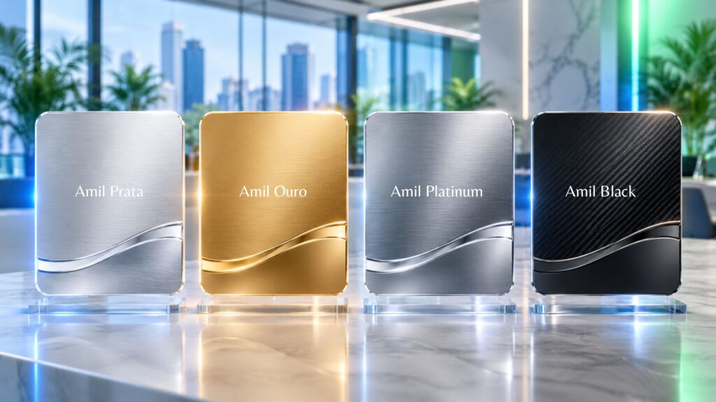 Comparativo das categorias de planos corporativos Amil Prata, Ouro, Platinum e Black.
