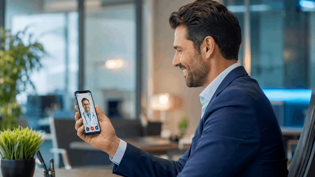 Colaborador utilizando o serviço de telemedicina em planos de saúde empresarial.