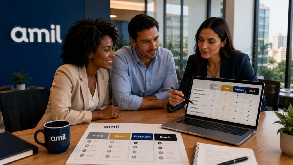 Empresa comparando planos Amil Prata, Ouro, Platinum e Black