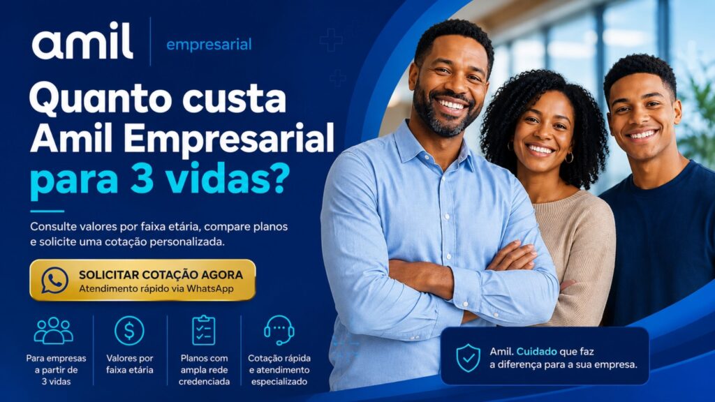 Três beneficiários em apresentação do plano de saúde Amil Empresarial