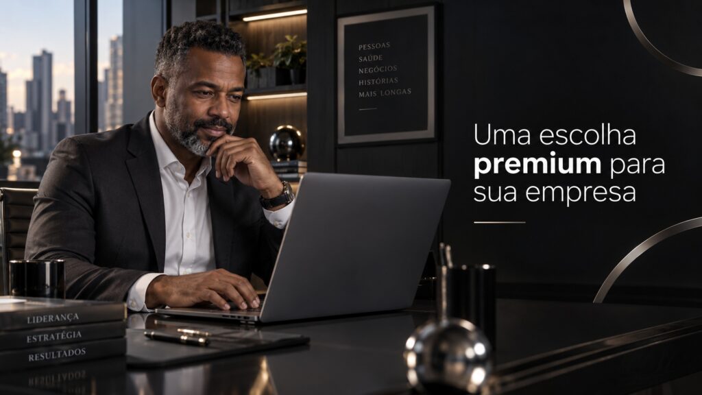 Empresário analisando uma solução premium de saúde no notebook