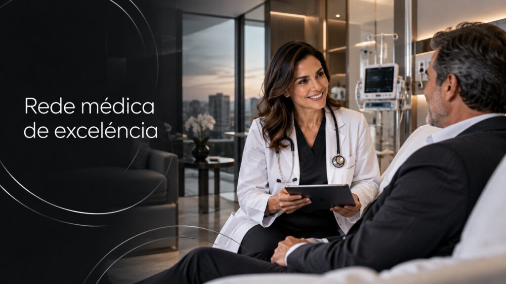 Médica atendendo empresário em estrutura hospitalar premium
