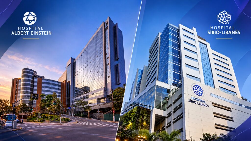 Fachadas dos hospitais Albert Einstein e Sírio-Libanês em São Paulo, referências em atendimento hospitalar de alta complexidade.