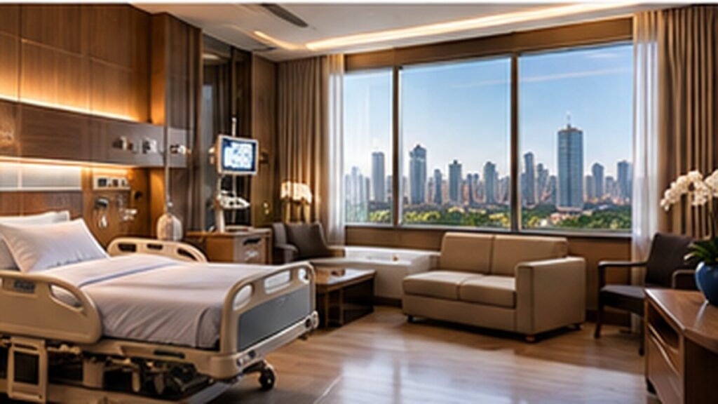 Quarto hospitalar privativo com equipamentos médicos, iluminação acolhedora e vista panorâmica da cidade.