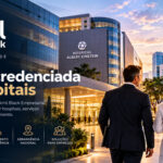 Rede credenciada Amil Black Empresarial ilustrada com hospitais de referência e profissionais de saúde.