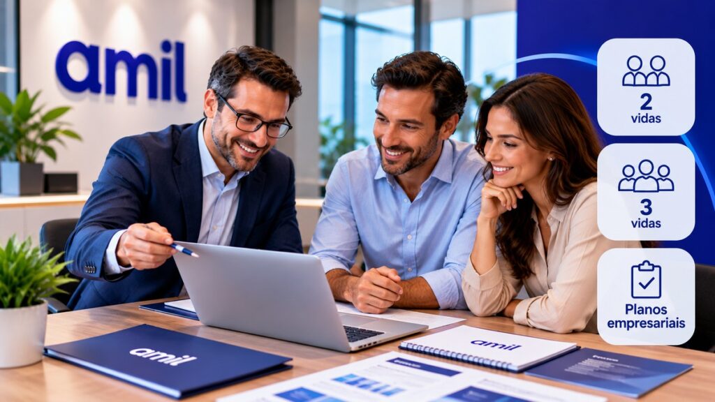 Consultor apresenta opções de planos de saúde Amil para dois empresários durante uma reunião de contratação.
