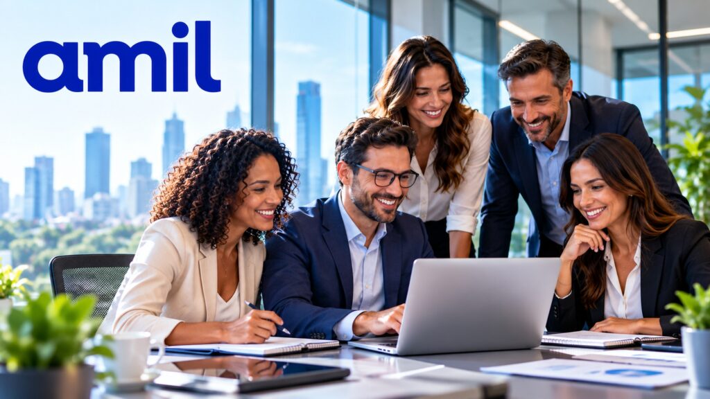 Amil Empresarial para médias empresas com equipe de profissionais reunidos em escritório moderno, analisando soluções de saúde corporativa.