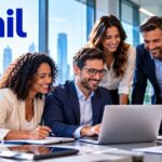 Amil Empresarial para médias empresas com equipe de profissionais reunidos em escritório moderno, analisando soluções de saúde corporativa.
