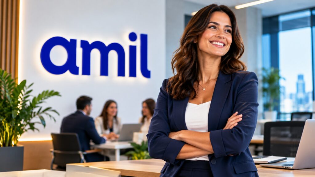 Empresária sorridente em escritório moderno, ilustrando o Amil Empresarial para microempresa e a contratação de planos de saúde pelo CNPJ.