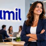 Empresária sorridente em escritório moderno, ilustrando o Amil Empresarial para microempresa e a contratação de planos de saúde pelo CNPJ.