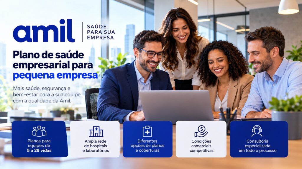 Equipe de profissionais em escritório moderno conhecendo o plano Amil Empresarial para pequena empresa.