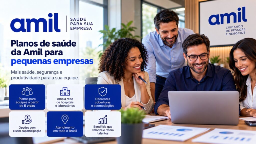 Equipe de profissionais em escritório conhecendo os benefícios do Amil Empresarial para pequena empresa.