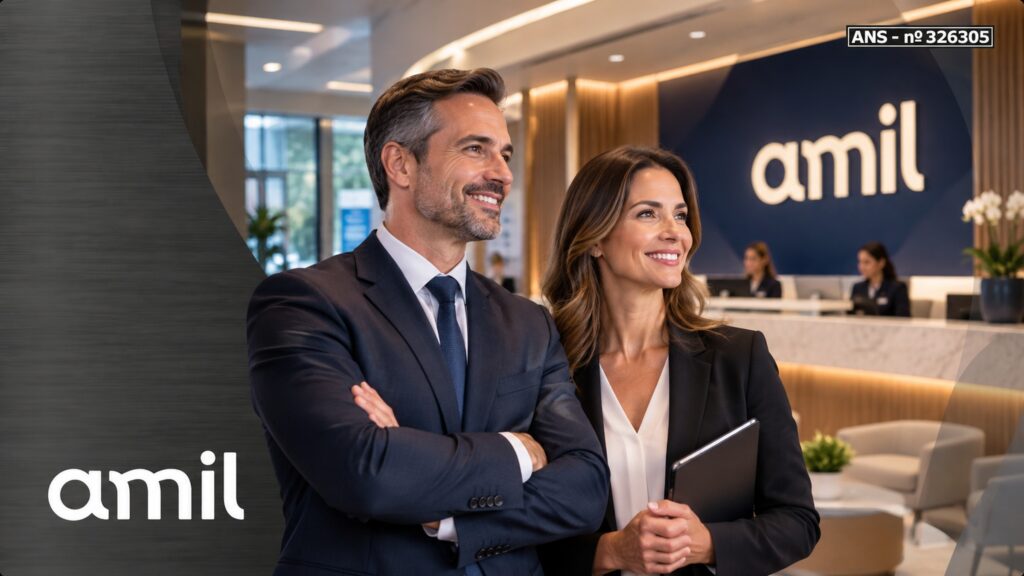 Homem e mulher em ambiente de atendimento do Amil Platinum Empresarial
