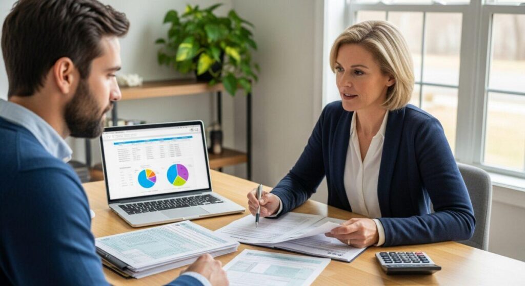 Profissionais avaliam gráficos de custos e condições de um contrato de assistência médica empresarial.