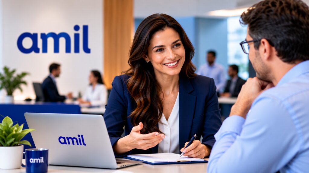 Consultora orientando empresário sobre prazos de carência Plano Amil Empresarial