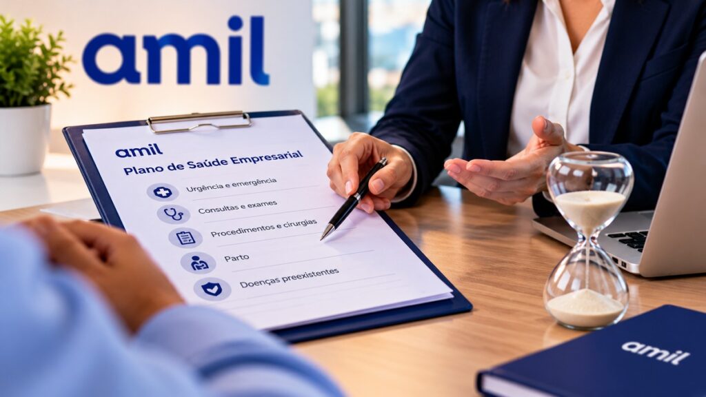 Consultora apresentando condições de cobertura de um plano de saúde empresarial, com documentos e ampulheta sobre a mesa.