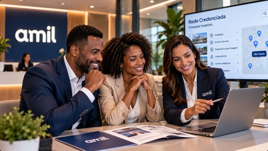 Empresários negros analisando hospitais disponíveis no plano empresarial