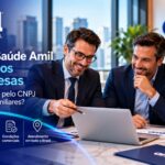 Consultor apresenta plano de saúde Amil para sócios de empresas durante reunião sobre contratação pelo CNPJ e inclusão de familiares.