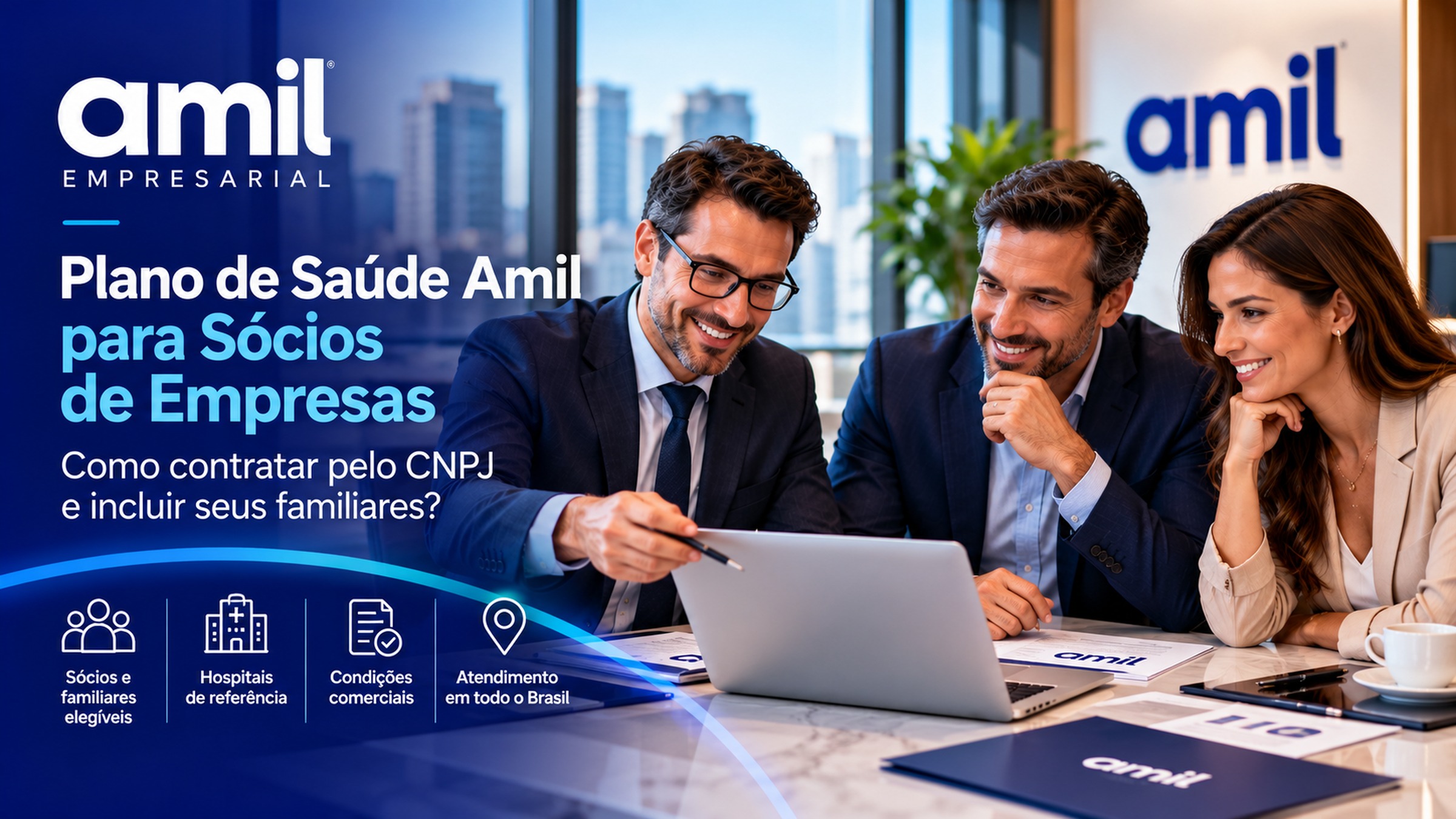 Consultor apresenta plano de saúde Amil para sócios de empresas durante reunião sobre contratação pelo CNPJ e inclusão de familiares.