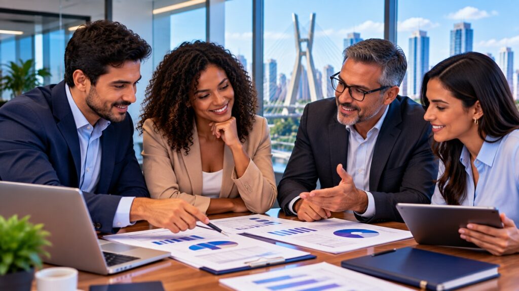 Empresários comparando opções de planos de saúde para a empresa