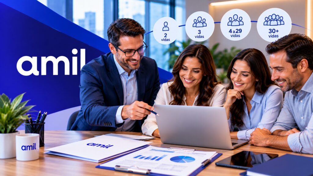 Consultor explica quantas vidas para contratar Amil Empresarial durante uma reunião com empresários que avaliam opções de planos de saúde.