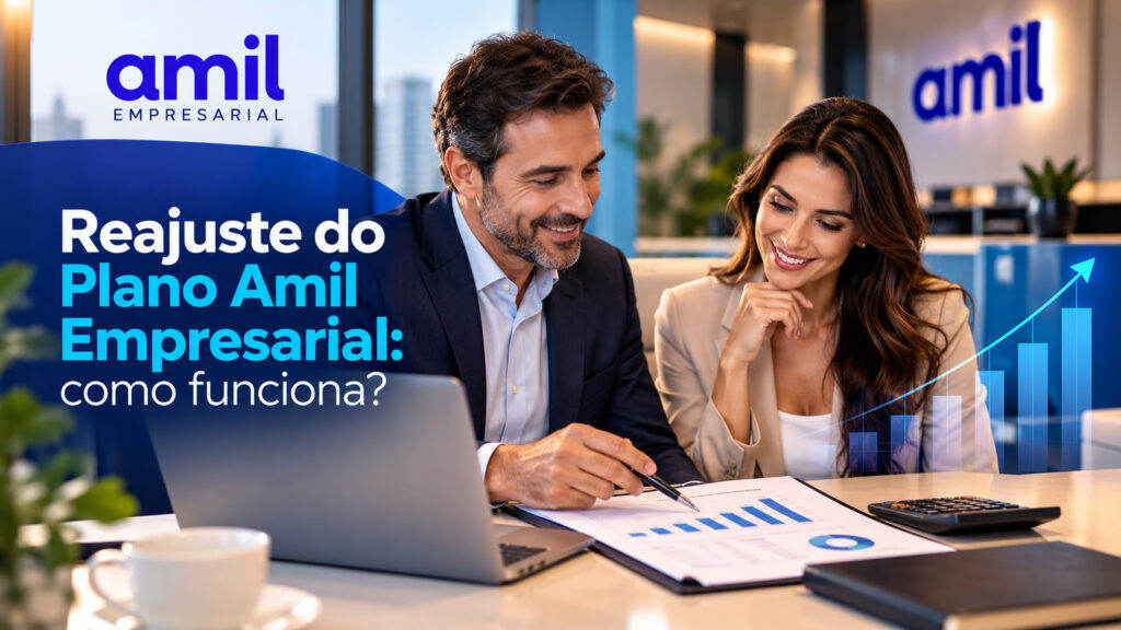 Consultores analisam gráficos e documentos sobre o reajuste Plano Amil Empresarial