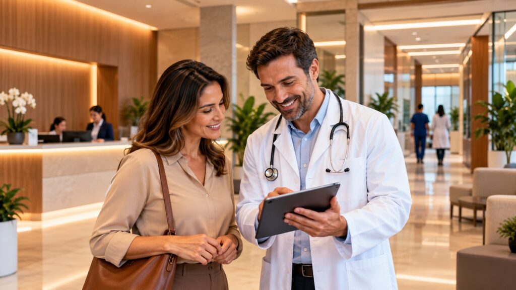 Médico orientando beneficiária em ambiente hospitalar moderno